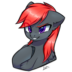 Size: 3200x3200 | Tagged: safe, artist:lina, oc, oc only, pegasus, pony, bust, chest fluff, colored eyebrows, commission, ear fluff, eye clipping through hair, eyebrows, eyebrows visible through hair, floppy ears, folded wings, hair over one eye, high res, hoof on chest, looking at you, one ear down, pegasus oc, pointing at self, portrait, simple background, sketch, smiling, smiling at you, solo, teeth, unshorn fetlocks, white background, wings, ych result