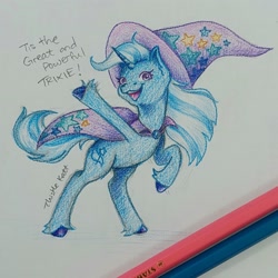 Size: 2048x2048 | Tagged: safe, artist:thistlekatt, trixie, pony, unicorn, g4, cape, clothes, hat, horn, solo, traditional art, trixie's cape, trixie's hat, unshorn fetlocks