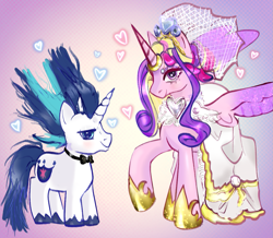 Size: 1145x1000 | Tagged: safe, artist:incapacitatedvixen, princess cadance, shining armor, alicorn, pony, unicorn, g4, bowtie, clothes, dress, duo, female, heart, height difference, hoof shoes, horn, lidded eyes, looking at you, male, mare, meme, princess shoes, raised hoof, ship:shiningcadance, shipping, shoes, spread wings, stallion, straight, the bride and the ugly ass groom, toy interpretation, wedding dress, wings