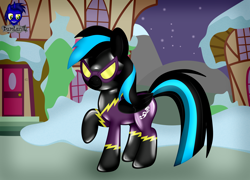 Size: 5760x4154 | Tagged: safe, artist:damlanil, oc, oc:nightlight aura, pegasus, pony, bodysuit, clothes, commission, costume, female, goggles, house, latex, latex suit, mare, rubber, shadowbolts, shadowbolts costume, shiny, show accurate, snow, solo, suit, uniform, vector, wings