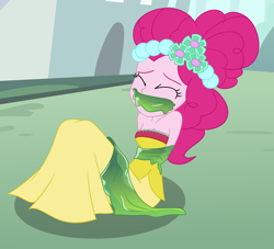 Size: 2200x2000 | Tagged: safe, artist:nie-martw-sie-o-mnie, part of a set, pinkie pie, human, a canterlot wedding, equestria girls, g4, bare shoulders, bondage, bound and gagged, bridesmaid dress, bridesmaid pinkie, changeling slime, clothes, dress, eyes closed, femsub, gag, gown, long dress, long skirt, pinkiesub, skirt, slime, slime gag, strapless, submissive