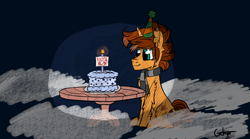 Size: 3276x1816 | Tagged: safe, artist:gotyx96, oc, oc only, oc:autumn falls, pony, unicorn, birthday, birthday cake, cake, candle, clothes, food, hat, horn, male, party hat, scarf, solo, stallion, striped scarf, text