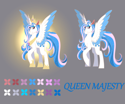 Size: 4200x3500 | Tagged: safe, majesty, alicorn, pony, fallout equestria, g1, alicornified, color palette, colored wings, colored wingtips, crown, female, gray background, hoof shoes, horn, jewelry, mare, peytral, princess shoes, queen, queen majesty, race swap, raised hoof, reference sheet, regalia, seeds of the past, simple background, solo, sparkly mane, sparkly tail, spread wings, tail, wings