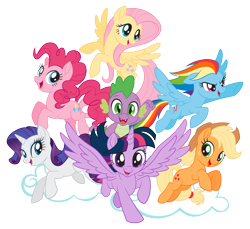 Size: 2048x1872 | Tagged: safe, applejack, fluttershy, pinkie pie, rainbow dash, rarity, spike, twilight sparkle, alicorn, earth pony, pegasus, pony, unicorn, g4, my little pony: the movie, official, cloud, design, female, flying, horn, jumping, mane seven, mane six, mare, simple background, spread wings, transparent background, twilight sparkle (alicorn), vector, wings, zazzle