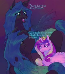 Size: 1500x1700 | Tagged: safe, artist:abbytabbys, princess cadance, queen chrysalis, alicorn, changeling, changeling queen, pony, g4, black coat, blue sclera, blue text, carapace, colored sclera, crown, dialogue, duality, duo, duo female, eye clipping through hair, eyebrows, eyebrows visible through hair, fangs, female, folded wings, frown, gradient background, green eyes, horn, infidelity, insect wings, jewelry, lesbian, lidded eyes, mare, multicolored mane, narrowed eyes, open mouth, open smile, pink coat, purple eyes, regalia, sharp teeth, shiny mane, shiny tail, ship:cadalis, shipping, smiling, straight mane, talking, teal mane, teal tail, teeth, tiara, unicorn horn, wavy mane, wing fluff, wingding eyes, wings