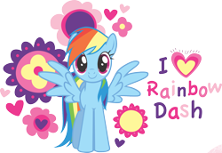Size: 2048x1407 | Tagged: safe, rainbow dash, pegasus, pony, g4, design, female, flower, happy, heart, looking at you, mare, shirt design, simple background, smiling, smiling at you, solo, spread wings, standing, stock vector, text, transparent background, wings, zazzle