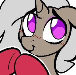 Size: 380x375 | Tagged: safe, artist:crimmharmony, oc, oc only, oc:friday (exodust), pony, unicorn, blushing, clothes, commission, emoji, eyeshadow, fingers together, grey hair, hooves together, horn, is for me, makeup, male, puppy dog eyes, smiling, socks, solo, stallion, unicorn oc, ych result