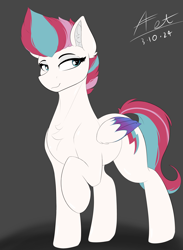 Size: 2200x3000 | Tagged: safe, artist:astrum, zipp storm, pegasus, pony, g5, chest fluff, digital art, ear fluff, female, gray background, lidded eyes, looking sideways, raised hoof, simple background, smiling, solo, sternocleidomastoid