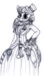 Size: 884x1500 | Tagged: safe, artist:sepiakeys, anthro, clothes, dress, hat, monochrome, solo, steampunk