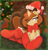Size: 1035x1076 | Tagged: safe, artist:llametsul, oc, oc only, oc:creme cookie, pony, unicorn, bedroom eyes, bow, christmas, clothes, cute, eye clipping through hair, female, freckles, hat, holiday, horn, looking at you, lying down, mare, present, prone, ribbon, santa hat, smiling, smiling at you, socks, solo, stockings, thigh highs