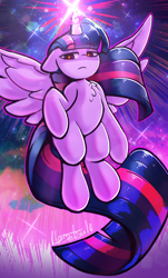Size: 654x1081 | Tagged: safe, artist:llametsul, twilight sparkle, alicorn, pony, g4, atg 2023, colored, female, glowing, glowing eyes, glowing horn, horn, mare, newbie artist training grounds, red eyes, solo, spread wings, twilight sparkle (alicorn), wings