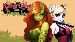 Size: 640x360 | Tagged: safe, artist:therocknrollmartian, oc, earth pony, anthro, big breasts, breasts, busty oc, cleavage, dc comics, duo, duo female, female, harley quinn, looking at you, poison ivy, ponified, smiling, smiling at you
