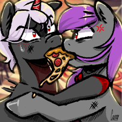 Size: 1024x1024 | Tagged: safe, artist:curryrice, oc, original species, pony, unicorn, fight, food, horn, meat, pepperoni, pepperoni pizza, pizza