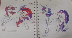 Size: 1024x554 | Tagged: safe, artist:youssoupoff, glory, moondancer (g1), pony, unicorn, g1, blush scribble, blushing, bow, duo, duo female, female, horn, lesbian, lined paper, mare, notebook, raised hoof, ship:glorydancer, shipping, tail, tail bow, traditional art, unshorn fetlocks