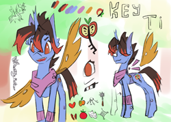 Size: 1949x1394 | Tagged: safe, artist:destiny_manticor, oc, oc only, oc:key ti, changeling, hybrid, pony, apple, bandana, changeling hybrid, ear fluff, female, food, freckles, front view, horn, insect wings, key, mare, open mouth, reference sheet, side view, sketch, solo, transparent wings, two toned hair, wings