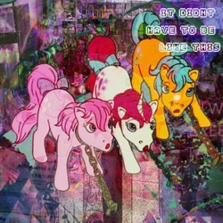 Size: 452x452 | Tagged: safe, edit, edited screencap, editor:youssoupoff, screencap, bubbles (g1), cotton candy (g1), moondancer (g1), earth pony, pony, unicorn, g1, my little pony 'n friends, rescue at midnight castle, :o, chained, chains, female, glitchcore, horn, mare, open mouth, tail