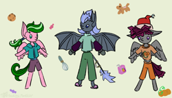 Size: 942x539 | Tagged: safe, artist:destiny_manticor, oc, oc only, oc:foco deancad, oc:rosa caerula, oc:warten samitelas, bat pony, pegasus, pony, semi-anthro, clothes, digital art, female, male, plushie, pony plushie, robotic arm, simple background, t pose, trio, wings