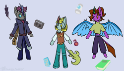 Size: 942x539 | Tagged: safe, artist:destiny_manticor, oc, oc only, oc:destiny manticor, oc:liam seoan, oc:tailan fmtc-05, alicorn, android, kirin, pony, robot, unicorn, semi-anthro, claws, clothes, digital art, female, horn, male, plushie, pony plushie, simple background, t pose, trio, wing claws, wings