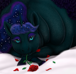 Size: 1200x1156 | Tagged: safe, artist:soobel, nightmare moon, alicorn, pony, g4, close-up, crossed hooves, eyeshadow, fat, female, flower, flower in mouth, horn, looking at you, lying down, makeup, mare, mouth hold, nightmare moonpig, obese, prone, rose, rose in mouth, rose petals