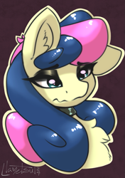Size: 719x1023 | Tagged: safe, artist:llametsul, bon bon, sweetie drops, earth pony, pony, g4, chest fluff, choker, colored sketch, ear fluff, eye clipping through hair, eyeshadow, female, floppy ears, makeup, mare, signature, sketch, solo, wavy mouth
