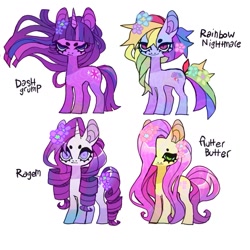 Size: 1021x1021 | Tagged: safe, artist:cutesykill, fluttershy, rainbow dash, rarity, twilight sparkle, earth pony, pony, unicorn, g4, alternate design, alternate eye color, alternate hairstyle, alternate name, alternate tailstyle, beanbrows, big ears, big eyes, colored pinnae, earth pony fluttershy, earth pony rainbow dash, eyebrows, female, flower, flower in hair, flower in tail, frown, green eyes, group, hair over one eye, horn, lidded eyes, long mane, long tail, mare, messy mane, messy tail, multicolored hair, multicolored mane, multicolored tail, narrowed eyes, pink mane, pink tail, purple coat, purple eyes, purple mane, purple tail, race swap, rainbow hair, rainbow tail, ringlets, shiny mane, shiny tail, simple background, standing, tail, thick eyelashes, unicorn horn, unicorn twilight, wavy mane, wavy tail, white background, white coat, windswept mane, wingding eyes, yellow coat