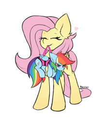 Size: 1500x1700 | Tagged: safe, artist:rejiser, fluttershy, rainbow dash, pegasus, pony, g4, :3, angry, carrying, cute, duo, ear fluff, eyes closed, female, folded wings, grumpy, heart, holding a pony, lesbian, mouth hold, ship:flutterdash, shipping, simple background, size difference, smiling, smoldash, tail, tallershy, tiny, tiny ponies, unamused, white background, wings