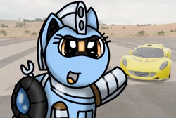 Size: 1603x1080 | Tagged: safe, artist:foxfer64_yt, oc, oc only, oc:silverstream (robot pony), original species, pony, robot, robot pony, car, pointing, runway, talking to viewer