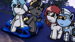 Size: 1920x1080 | Tagged: safe, artist:foxfer64_yt, oc, oc only, oc:kaia mahoe, oc:kira (fl), oc:nara (fl), oc:silverstream (robot pony), alicorn, original species, pegasus, pony, robot, robot pony, car, city, draft horse, floppy ears, night, sitting, talking