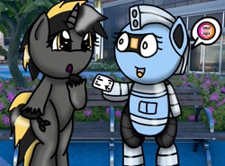 Size: 1455x1079 | Tagged: safe, artist:foxfer64_yt, oc, oc only, oc:kaia mahoe, oc:silverstream (robot pony), original species, pony, robot, robot pony, unicorn, amazed, bench, bipedal, city, flight ticket, flower, horn, park, sharing, ticket, tree