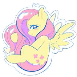 Size: 585x585 | Tagged: safe, artist:melochiau, part of a set, fluttershy, pegasus, pony, g4, blue eyes, blush sticker, blushing, butt fluff, cute, ear fluff, female, hoof hold, keychain, lidded eyes, long mane, long tail, looking back, mare, pink mane, pink tail, profile, shiny mane, shiny tail, shyabetes, simple background, sketch, smiling, spread wings, tail, tail between legs, white background, wing fluff, wingding eyes, wings, yellow coat