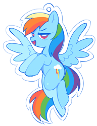 Size: 550x717 | Tagged: safe, artist:melochiau, part of a set, rainbow dash, pony, g4, blue coat, ear fluff, female, flying, in air, keychain, lidded eyes, mare, multicolored hair, multicolored mane, multicolored tail, narrowed eyes, open mouth, open smile, pink eyes, rainbow hair, rainbow tail, raised hooves, simple background, sketch, smiling, solo, spread wings, tail, white background, wing fluff, wingding eyes, wings, wip