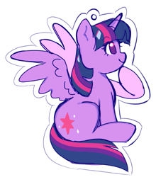 Size: 675x766 | Tagged: safe, artist:melochiau, part of a set, twilight sparkle, alicorn, pony, g4, blue mane, blue tail, ear fluff, eyebrows, eyebrows visible through hair, female, hoof on chin, horn, keychain, mare, multicolored mane, multicolored tail, profile, purple coat, purple eyes, simple background, sitting, sketch, smiling, solo, spread wings, tail, twilight sparkle (alicorn), unicorn horn, white background, wing fluff, wingding eyes, wings, wip