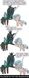 Size: 1000x2700 | Tagged: safe, artist:sneshpone, cozy glow, queen chrysalis, changeling, changeling queen, pegasus, pony, g4, comic, crown, dialogue, duo, duo female, female, filly, foal, holes, horrified, implied crucifixion, jewelry, open mouth, open smile, regalia, shocked, simple background, smiling, speech bubble, white background