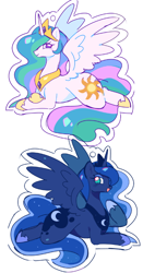 Size: 390x742 | Tagged: safe, artist:melochiau, part of a set, princess celestia, princess luna, alicorn, pony, g4, blue coat, blue eyes, blue mane, blue tail, blushing, crown, duo, duo female, ethereal mane, ethereal tail, eyebrows, eyebrows visible through hair, eyelashes, eyeshadow, female, hoof shoes, horn, jewelry, keychain, large butt, long horn, long mane, long tail, looking back, lying down, makeup, mare, multicolored mane, multicolored tail, open mouth, open smile, peytral, princess shoes, prone, purple eyes, raised hoof, regalia, royal sisters, siblings, simple background, sisters, sketch, smiling, spread wings, starry mane, starry tail, sticker, tail, thighs, thunder thighs, tiara, wavy mane, wavy tail, white background, white coat, wing fluff, wingding eyes, wings, wip