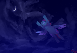 Size: 4000x2745 | Tagged: safe, artist:vemrill, oc, oc only, pegasus, pony, eyes closed, flying, moon, night, pegasus oc, sky, smiling, solo