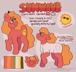 Size: 1274x1205 | Tagged: safe, artist:vemrill, oc, earth pony, pony, earth pony oc, female, lesbian, lesbian pride flag, pride, pride flag, pronouns, red coat, reference sheet, smiling, solo, sun, trans female, transgender, transgender pride flag