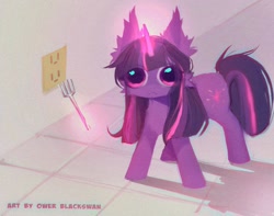 Size: 1024x805 | Tagged: safe, artist:blcksswn, twilight sparkle, pony, unicorn, g4, :<, alternate eye color, big ears, big eyes, chest fluff, ear fluff, electrical outlet, eye clipping through hair, female, fork, glowing, glowing horn, grainy, horn, i just don't know what went wrong, imminent death, imminent pain, lineless, long horn, magic, mare, meme, multicolored mane, multicolored tail, pink eyes, puppy dog eyes, purple coat, purple mane, purple tail, signature, silly face, small pony, solo, standing, tail, telekinesis, this will end in death, this will end in pain, unicorn twilight, wide eyes, wide stance