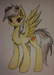 Size: 458x640 | Tagged: dead source, safe, artist:lunarcat101, oc, oc only, oc:thunder (fl), pegasus, pony, anime, male, signature, simple background, smiling, solo, traditional art, white background