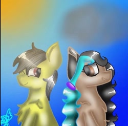 Size: 651x640 | Tagged: safe, artist:harmonyqueenrainbow, oc, oc:thunder (fl), earth pony, pegasus, pony, duo, looking at each other, looking at someone, signature, sunlight, waist up
