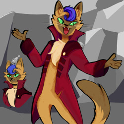 Size: 2000x2000 | Tagged: safe, artist:esterietheclown, capper dapperpaws, abyssinian, cat, anthro, g4, my little pony: the movie, arms spread out, claws, clothes, coat, ear fluff, ears, fangs, fluffy, fur, furry, gesture, grin, open mouth, smiling, solo, whiskers