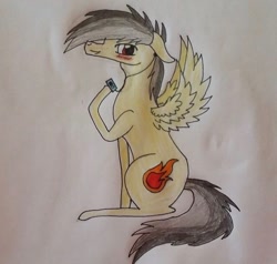 Size: 640x609 | Tagged: safe, artist:princessafiramlp, oc, oc only, oc:thunder (fl), pegasus, pony, blushing, floppy ears, listening to music, looking at you, sitting, solo, traditional art