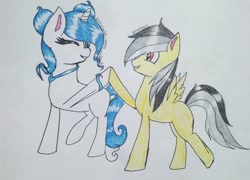 Size: 640x462 | Tagged: artist needed, dead source, safe, oc, oc only, oc:saffire, oc:thunder (fl), pegasus, pony, unicorn, duo, hoofbump, horn, one eye closed, simple background, traditional art, white background, wink