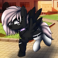 Size: 768x768 | Tagged: safe, artist:artywolfe, oc, oc only, oc:onyxstar (fl), pegasus, pony, base used, choker, clothes, park, running, school, smiling, socks, solo, spiked choker, spread wings, thigh highs, wings