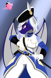 Size: 2295x3487 | Tagged: safe, artist:mairiathus, oc, oc only, oc:snowy smarty, dragon, anthro, abstract background, clothes, dragoness, female, gradient background, solo, sword, uniform, weapon
