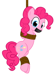 Size: 1200x1647 | Tagged: safe, artist:cardshark777, pinkie pie, earth pony, pony, g4, belly, bondage, bound and gagged, digital art, female, femsub, gag, hanging, helpless, hooves behind back, looking at you, mare, pink mane, pink tail, pinkiesub, rope, rope bondage, simple background, solo, submissive, suspended, suspension bondage, tail, tape, tape gag, tied up, transparent background