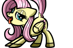 Size: 780x512 | Tagged: safe, artist:scandianon, fluttershy, pegasus, pony, g4, bedroom eyes, dock, ears back, female, iwtcird, looking at you, mare, meme, raised tail, simple background, smiling, solo, tail, tongue out, white background