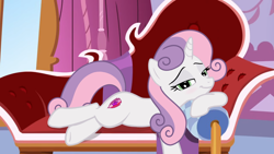 Size: 1366x768 | Tagged: safe, artist:lunaticdawn, sweetie belle, pony, unicorn, g4, adorasexy, bedroom eyes, behaving like rarity, blushing, carousel boutique, couch, cute, fainting couch, female, horn, like sister like sister, looking at you, lying down, mare, older, older sweetie belle, pillow, pose, relaxing, resting, seductive look, seductive pose, sexy, smiling, solo, sultry pose