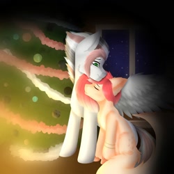 Size: 2000x2000 | Tagged: safe, artist:sheru, oc, oc only, oc:damiyan, oc:kllasiya, pegasus, unicorn, christmas, christmas tree, eyes closed, holiday, horn, hug, old art, tree, window, wings