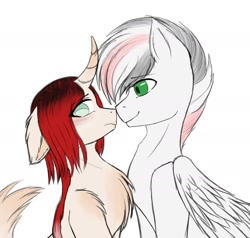 Size: 2000x1906 | Tagged: safe, artist:sheru, oc, oc only, oc:damiyan, oc:kllasiya, pegasus, unicorn, boop, chest fluff, floppy ears, fur, horn, noseboop, old art, red mane, simple background, white background