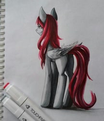 Size: 612x708 | Tagged: safe, artist:lunarcat101, oc, oc only, oc:kira (fl), pegasus, pony, butt, looking at you, looking back, signature, smiling, solo, three quarter view, traditional art